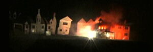 Our bonfire charges were used at a commemorative event to set a model town ablaze, a great use of stage pyrotechnics.